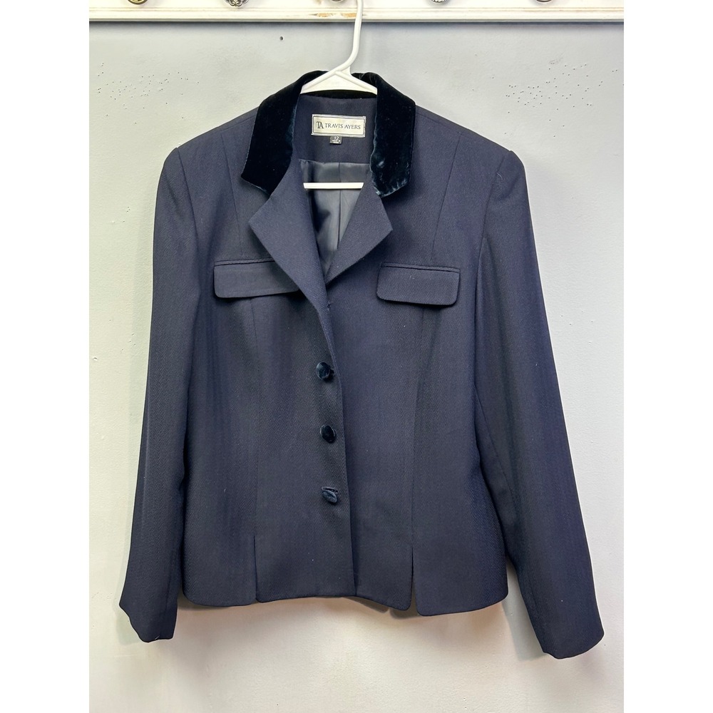 Travis Ayers Blazer Womens 12‎ Navy Blue Velvet Collar Button Front Professional